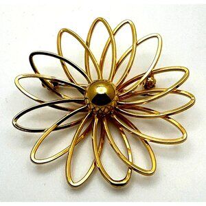 MCM Vintage Retro Daisy Brooch Pin Cottage Chic Atomic Spiral Gold Tone Openwork